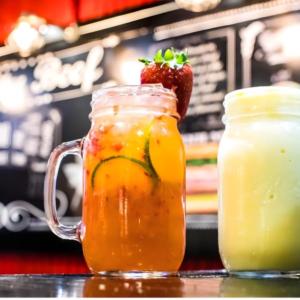 Two drinks on a counter, one orange with a strawberry, the other light green.