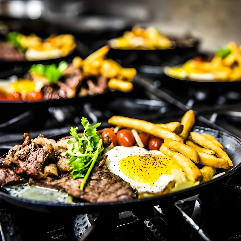 Sizzling Vietnamese steak and eggs with fries and cherry tomatoes on a hot plate.